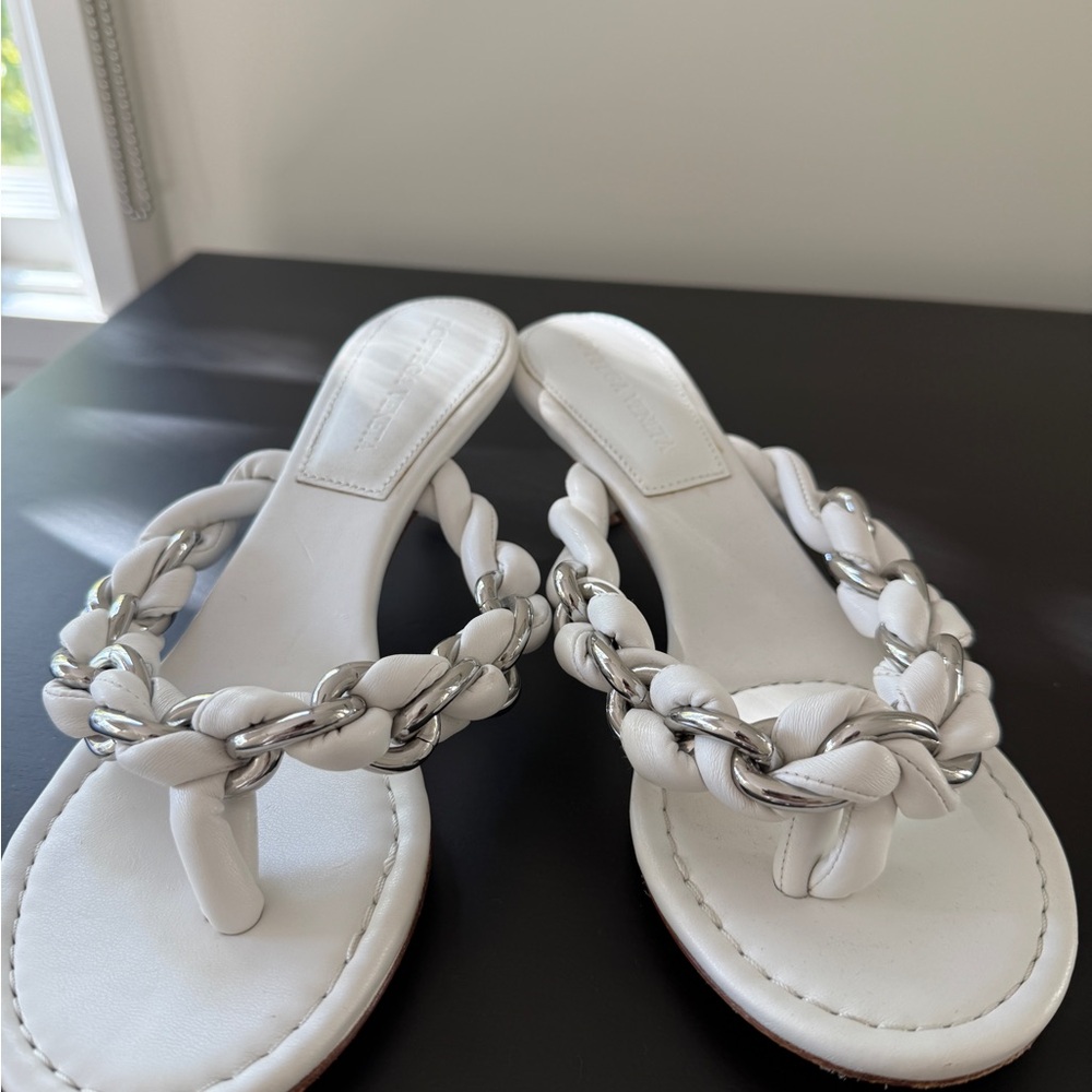 Bottega Veneta White and Silver Braided Sandals
